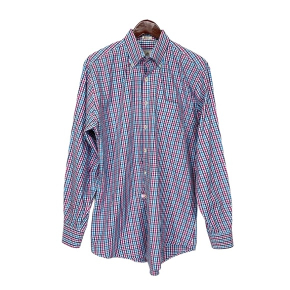 Peter Millar Gingham Plaid Button Down Dress Shirt Blue Pink & White Size Large